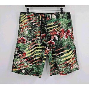 Waimea Board Short Swim Trunks Tropical Beachy Floral Green Red Yellow Stripe 34
